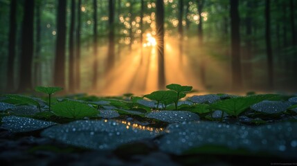 Fototapeta premium Sunbeams through misty forest illuminating dew-covered foliage.