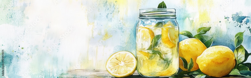 Poster refreshing lemon drink with vibrant watercolor background in a close-up perspective showcasing citru