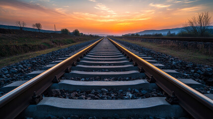 Empty railway tracks stretching into the distance with a sunset backdrop, quiet and serene, no people