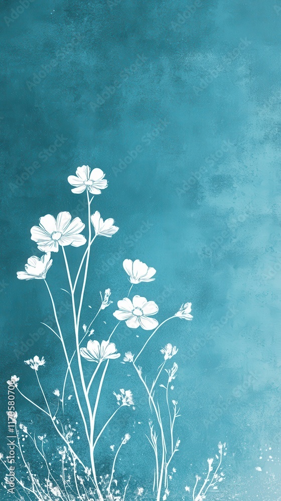 Poster minimalistic white floral sketches on a vibrant turquoise background create a serene and elegant atm