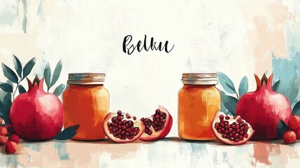Rosh Hashanah Celebration with Pomegranates and Honey Illustration