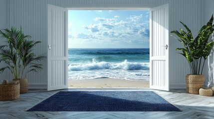 Naklejka premium Coastal Serenity: A Seaside Cottage Bedroom with Nautical Charm and Ocean Views