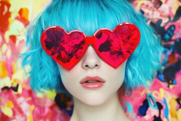 Vibrant Style: Woman with Blue Hair and Heart-Shaped Red Sunglasses Against Colorful Backdrop