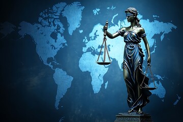 Fototapeta premium Global Justice: Lady Justice Statue with World Map Background