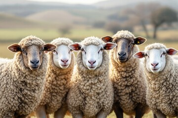 Obraz premium Five fluffy sheep with distinct expressions, looking directly ahead, standing in a vibrant countryside setting with a soft-focus background. Ai generative