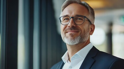 Fototapeta premium Happy middle aged business man ceo wearing suit standing in office using digital tablet. Smiling mature businessman professional executive manager looking away thinking working on tech device.