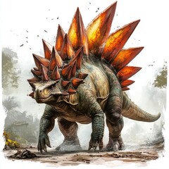 Fototapeta premium A stylized dinosaur resembling a stegosaurus with fiery spikes on its back.