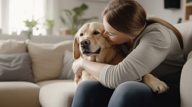 A woman hugging her pet dog on a cozy couch in a bright living room.