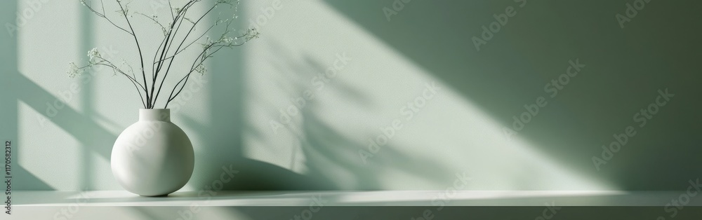 Poster minimalist green vase with delicate branches casting shadows on a serene wall in natural light