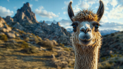 Obraz premium Curious alpaca close-up with scenic mountain landscape and blue sky in the background