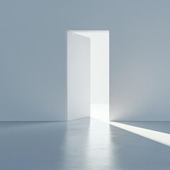 Bright light streams through an open door in a minimalist room creating a serene atmosphere