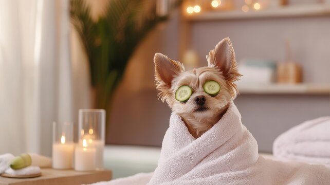 A pampered dog relaxing with cucumber slices in a spa-like setting.