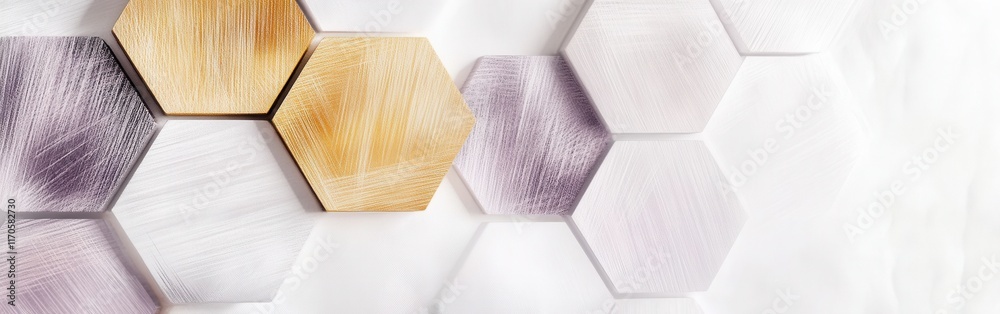 Poster Elegant hexagonal tiles arranged on a minimalist white background showcasing varying textures and colors