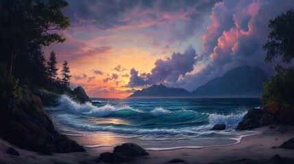 Fototapeta premium gentle ocean waves quiet beach soft sunlight