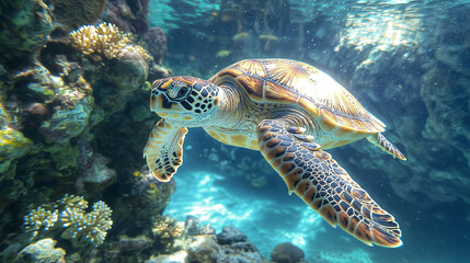 Graceful sea turtle swimming in clear blue waters surrounded by vibrant coral reef