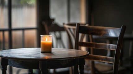 Fototapeta premium Single candle glowing on a table in a dark room, symbolizing power outage and minimalistic simplicity with ample copy space for design