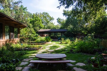 Obraz premium Nature meditation practices in a community garden urban green space photo lush environment ground level community involvement and fresh produce