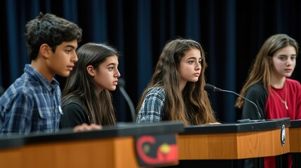 High school students participating in a debate. They are standing at podiums and speaking passionately