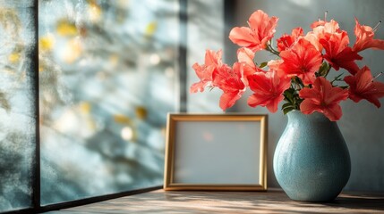 Sunlit floral still life with empty frame.