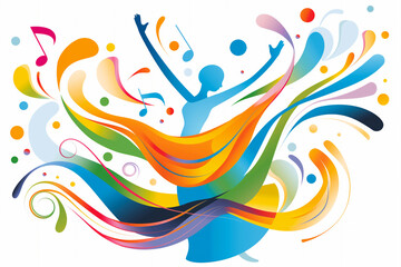 Fototapeta premium Abstract vibrant illustration of a dancing figure surrounded by flowing colorful shapes and musical notes, symbolizing joy, creativity, and the harmony of music and movement