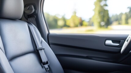 Interior view of a modern car seat with a scenic background.