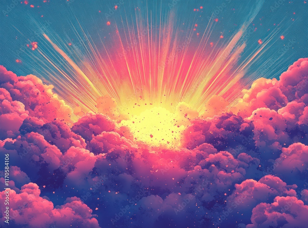 Poster Dynamic Explosion Effect Background in Pop Art Style with Halftone Pattern and Bright Colors