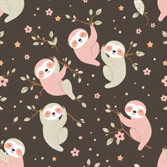 Whimsical seamless pattern featuring pastel sloths hanging on branches, with stars and flowers.