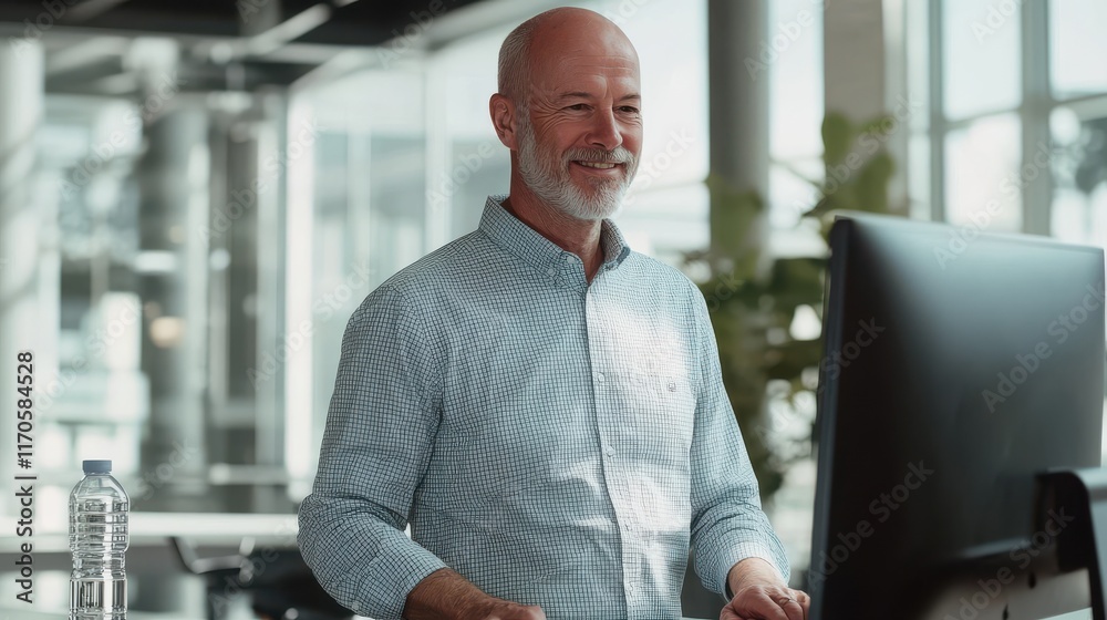 Poster Older man with cheerful expression working at a modern workspace with a computer during the day