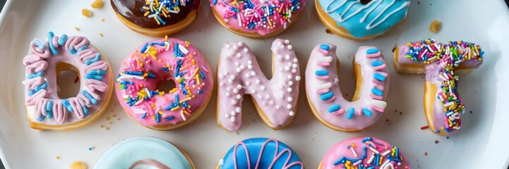 Donuts spelling "DONUT" with different frostings and sprinkles on white plate