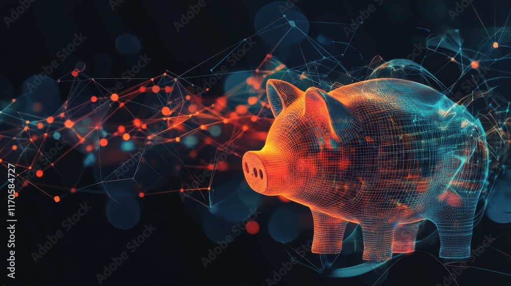Aufkleber Abstract visual of savings represented by a digital piggy bank with a network of connections and vibrant colors