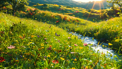 Meadow with bright green grass and meadow flowers against the background of low mountains and hills, and bright blue sky, panoramic view. Beautiful natural landscape