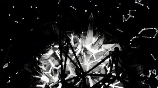 A geometric luminous sphere surrounded by platforms and lights in an abstract technological environment. Video loop seamless synchronized at 120 bmp