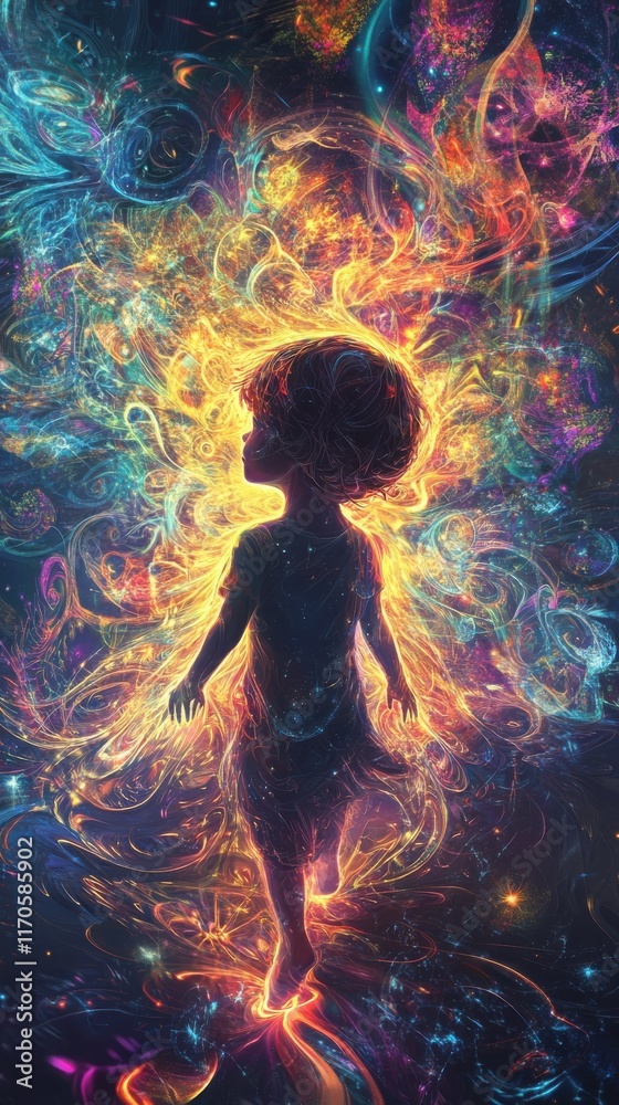 Poster vibrant visualization of a glowing child walking through a cosmic landscape filled with colors and l