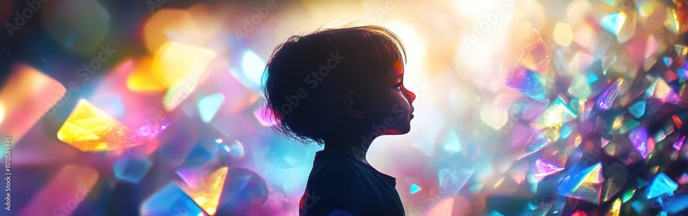 Poster Vibrant visualization of a glowing child in a colorful world full of light and reflections