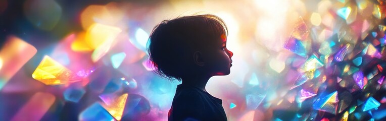 Vibrant visualization of a glowing child in a colorful world full of light and reflections