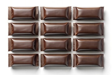 Obraz premium Top-view mockup of twelve blank dark brown snack bar packages arranged in a grid pattern, perfect for branding presentations and product design layouts.