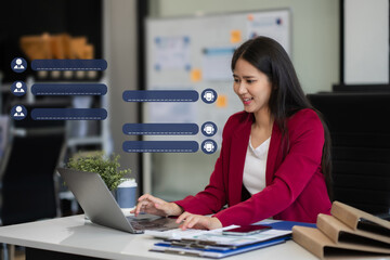 Business woman uses artificial intelligence chatbots automatically respond online messages to help...
