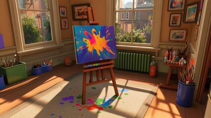 A vibrant art studio featuring a colorful painting on an easel and scattered art supplies.