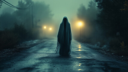 Obraz premium Mysterious figure appears on empty road under dim streetlights in foggy atmosphere
