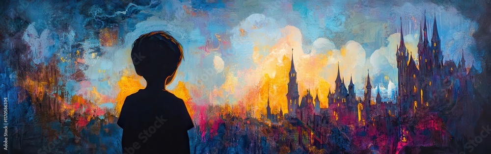 Poster vibrant silhouette of a child against a colorful skyline during dusk in an enchanting urban setting