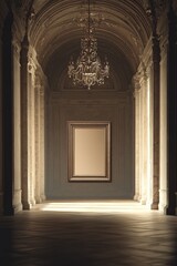 A symmetrical hallway with neutral-toned walls and an empty ornate frame in the center, illuminated by a chandelier.