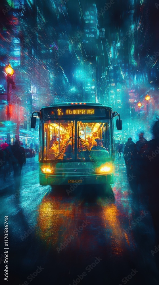Poster surreal portrait of a glowing bus amidst a vibrant urban night scene filled with abstract reflection