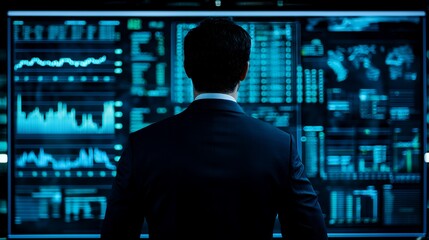 Businessman Analyzing Data on Large Screens