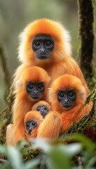 A group of five golden monkeys sitting together on a tree branch in a natural setting.
