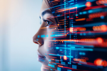 Profile of a woman with digital data visualizations suggesting artificial intelligence and technology innovation