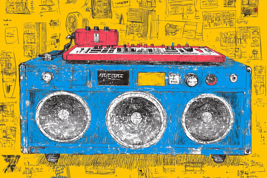 sneaky sound, sub woofer, hifi system, retro, ghetto blaster, cassette futurism, baroque pop art, hypermaximalist, hyperdetailed, cel shading, cartoon style, matt bors, studio ghibli, surreal, comic