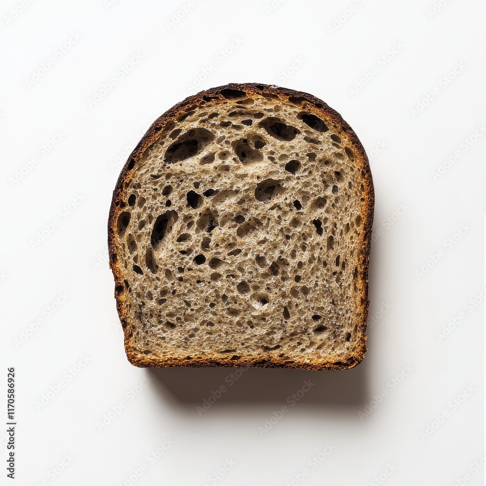 Poster slice of rustic rye bread showcases its dark crust and textured interior on plain background