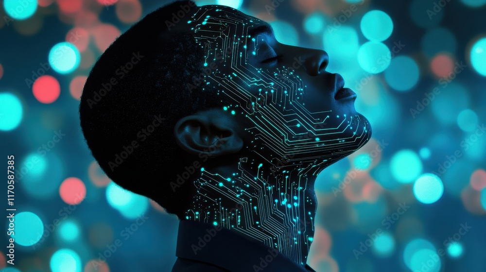 Poster portrait of a man illuminated with circuit patterns against a colorful bokeh background