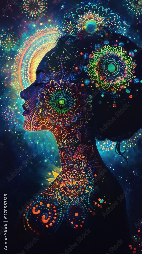 Poster serene portrait of a woman adorned with vibrant patterns and cosmic elements glowing in a mystical a