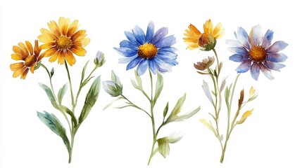 Obraz premium Vivid and bright three-piece natural watercolor painting of a chamomile branch, depicted in stunning detail on a white background. Ideal for floral, nature, and botanical design concepts.